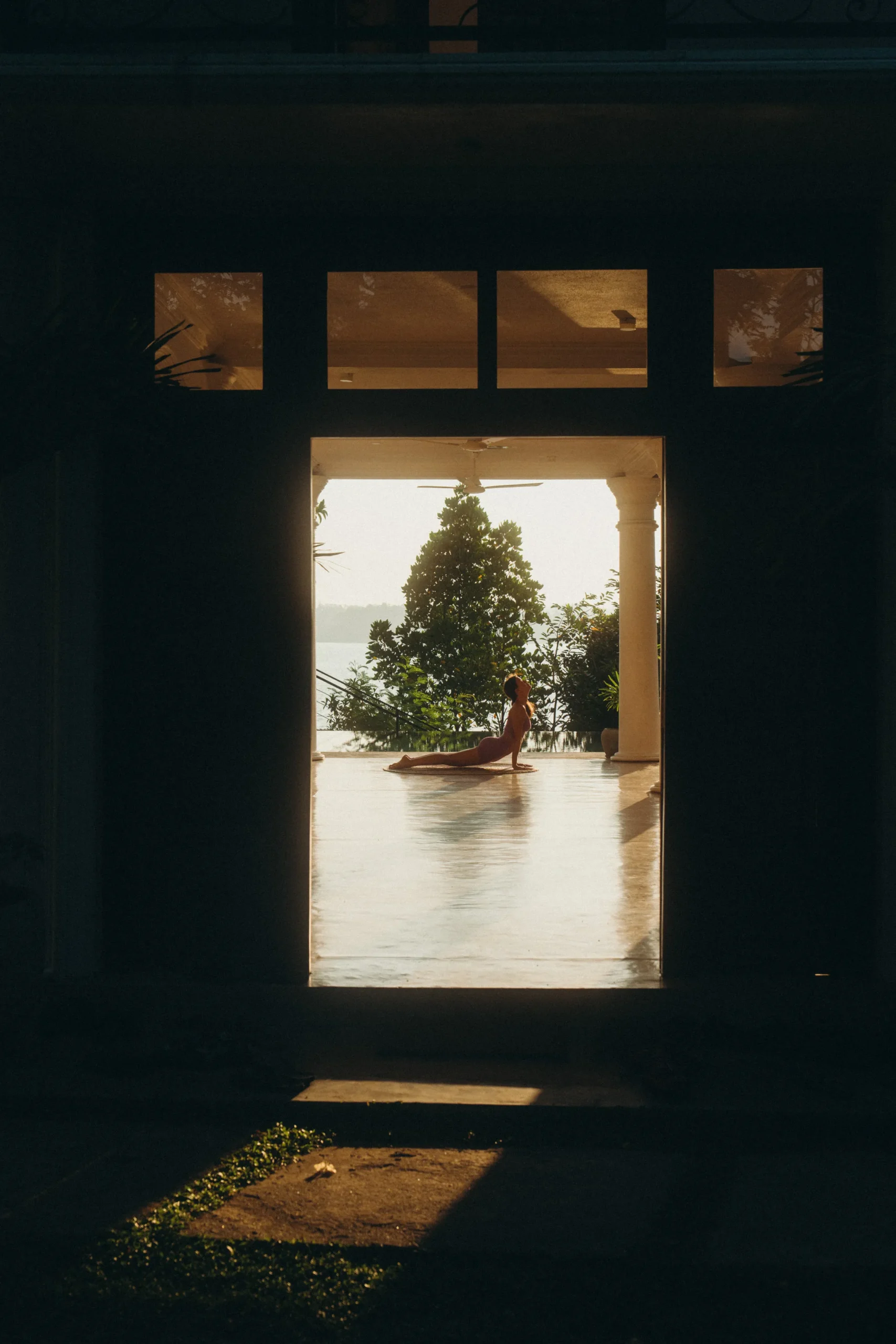 Relaxed backbend at sunrise during a Lanka Yoga retreat