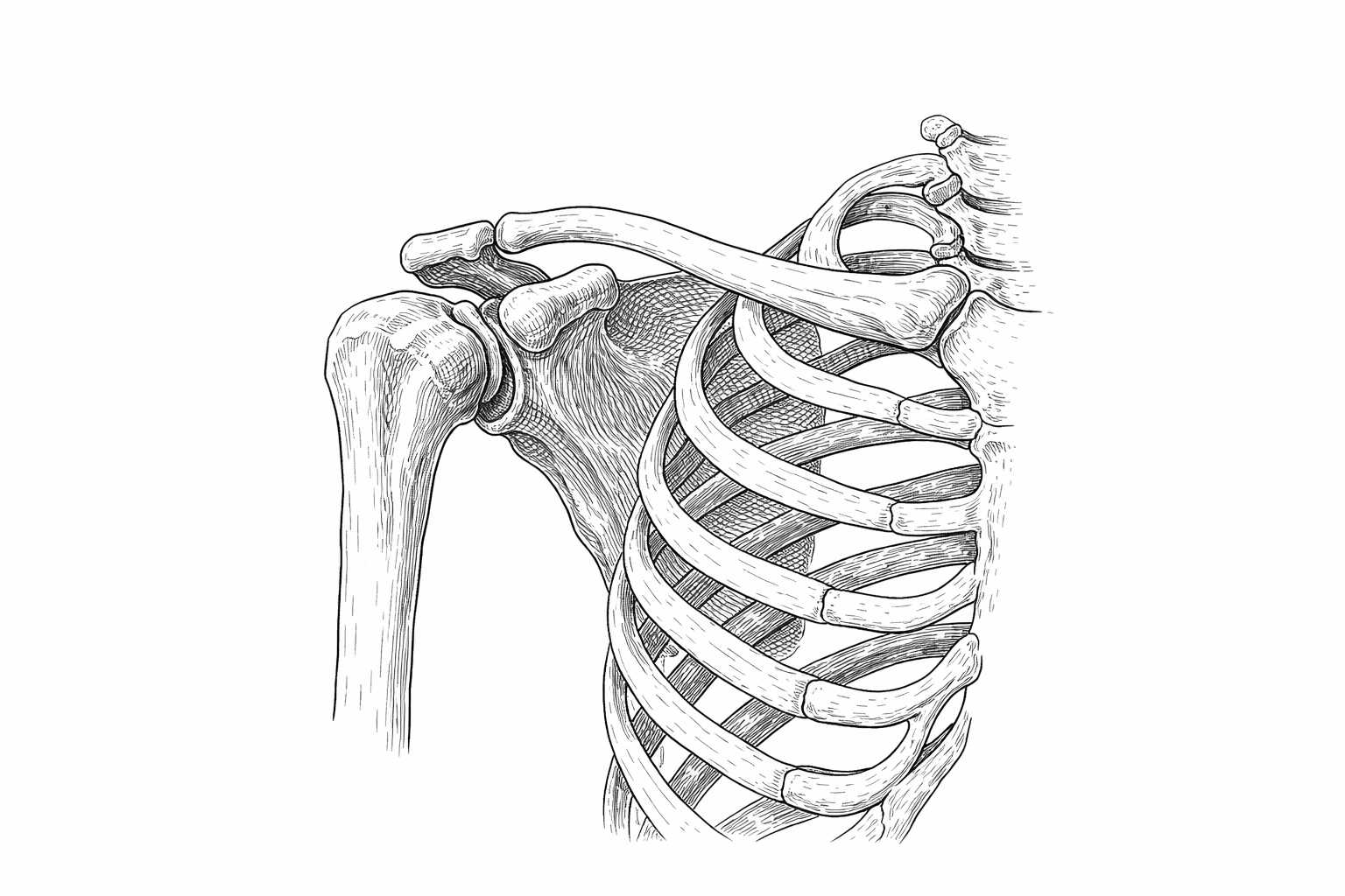 Skeletal diagram of the shoulder joint complex showing scapula, collarbone, humerus and ribcage